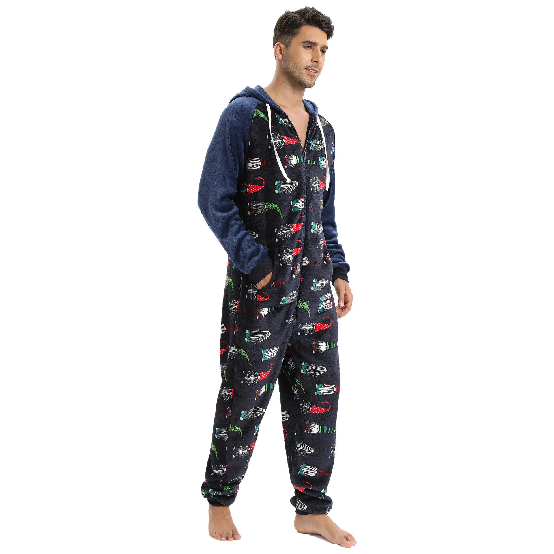 Autumn Winter Warm Men's Pajama Set Hoodies Overalls Men Halloween Print Onesies Zipper Jumpsuit Long Sleeve Male Clothes
