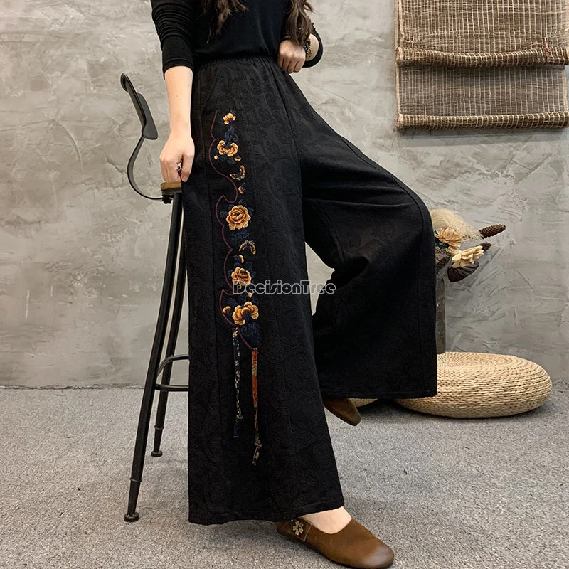 Chinese Style Retro Embroidery Pants Ethnic Style Literature Art Pants Leisure Loose Comfortable Wide Leg Trousers
