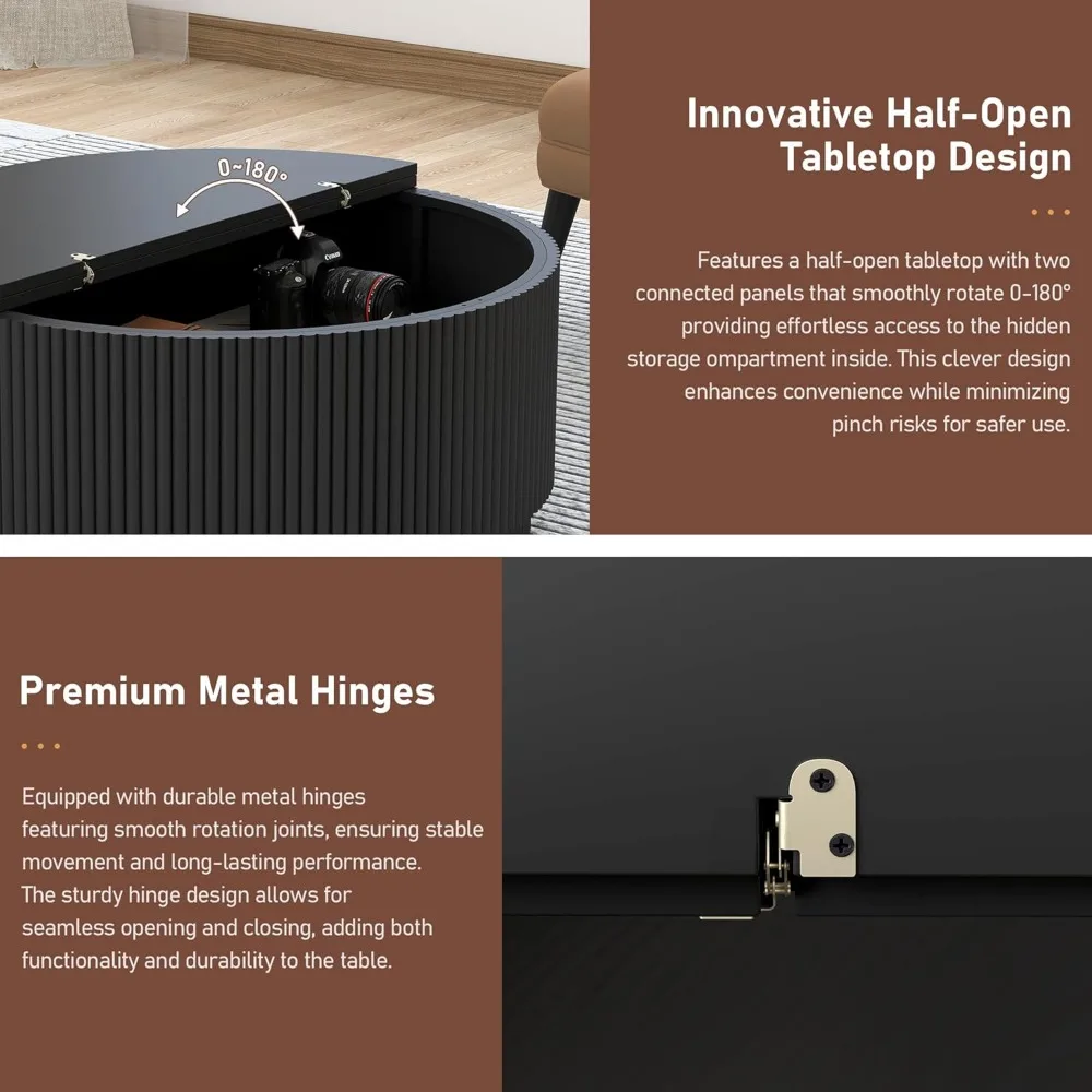 31.5" Round Coffee Table, Modern Fluted Accent with Metal Frame for Living Room or Office