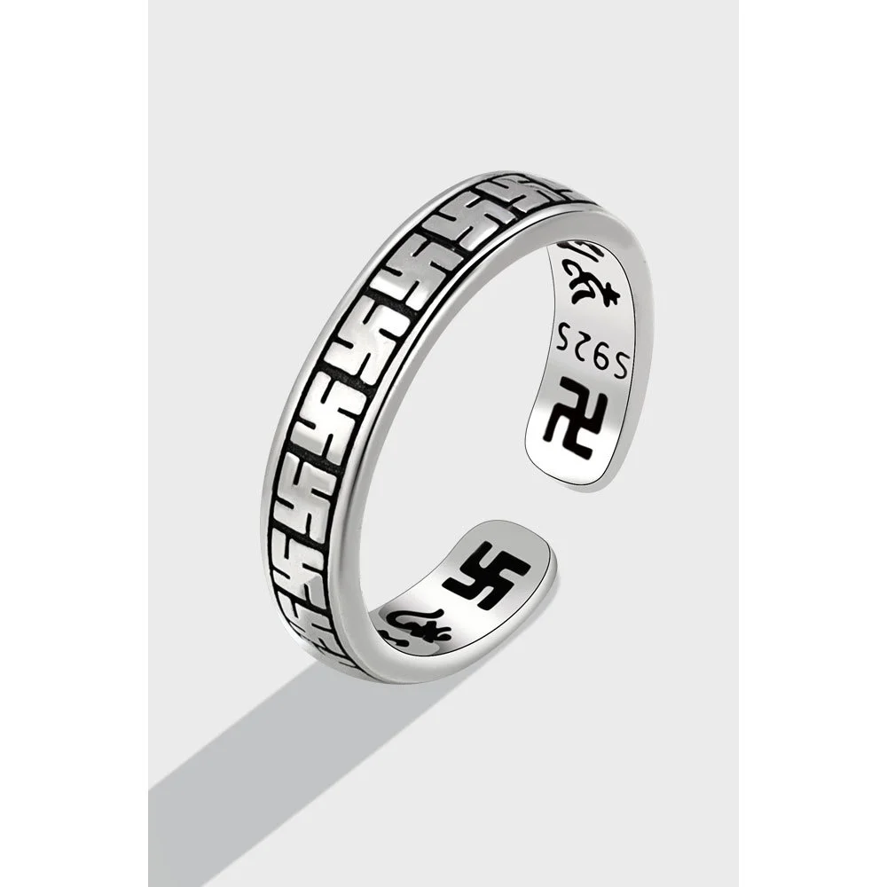 

S925 Sterling Silver Diamond Pestle Ten Thousand Swastika Emblem Ring Hand Ornament Six Word Transport Thai Jewelry