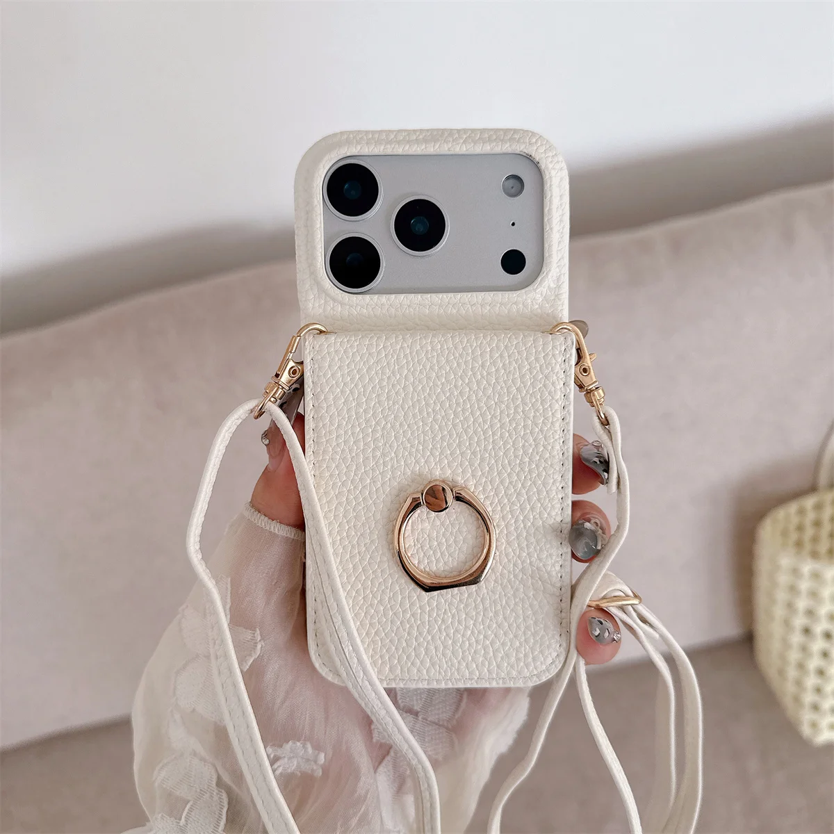 Crossbody Lanyard Wallet Phone Case with Ring Card Holder and Makeup Mirror