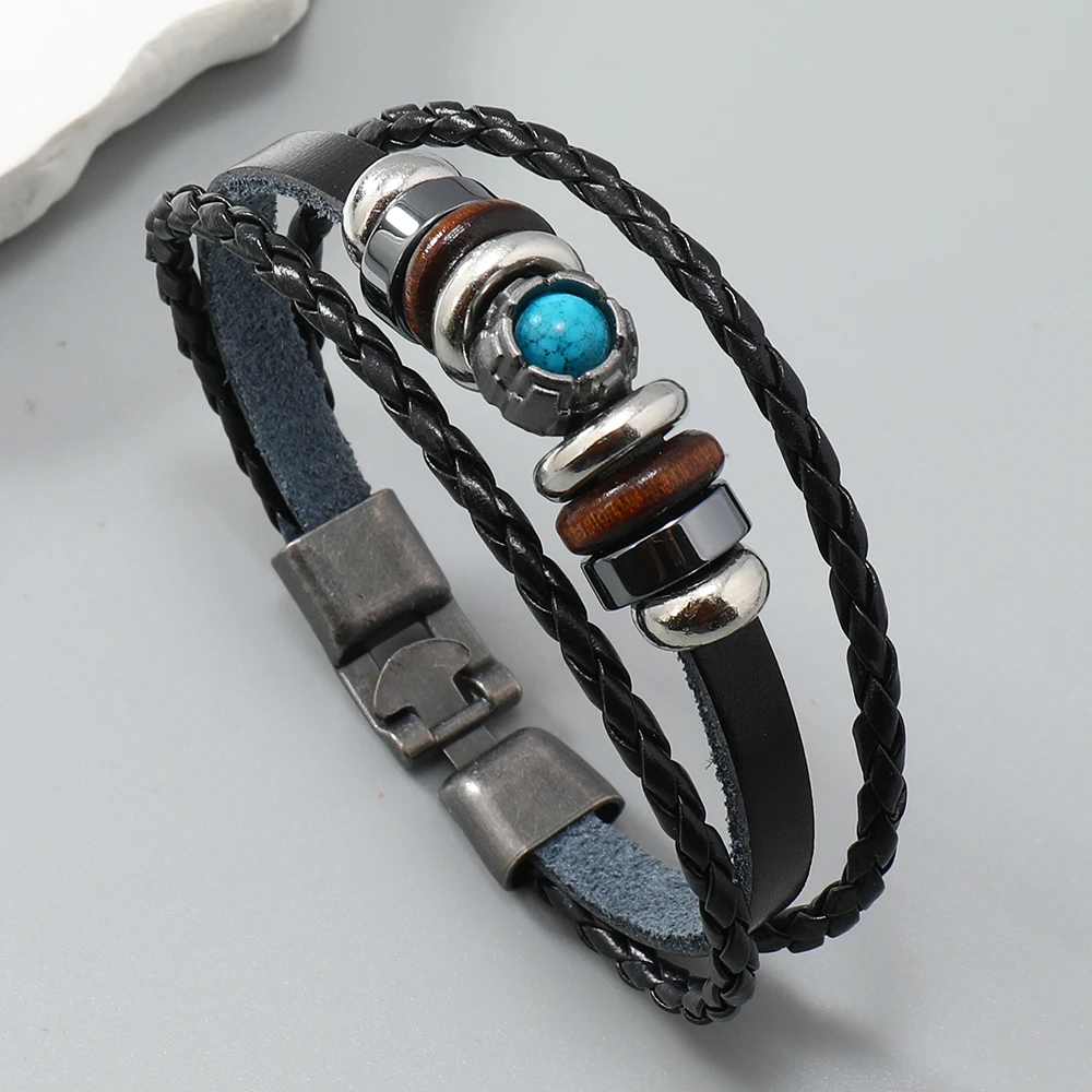 Fashion jewelry leather bracelet blue stone men bracelet