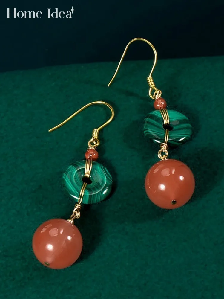 

New Designer Women Vintage Red Agate Malachite Long Earrings S925 Silver Ear Pendants Jewelry Ladies Elegant Pendientes