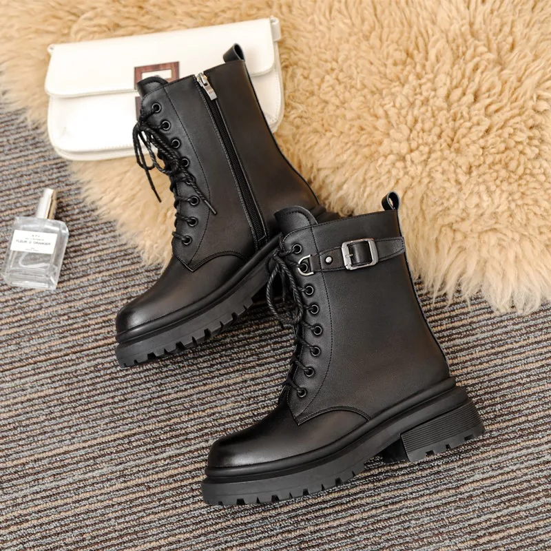 Aiyuqi Damen stiefel Echt leder rutsch feste große Damen Winters tiefel Britischer Stil bequeme Wolle Damen Schneeschuhe