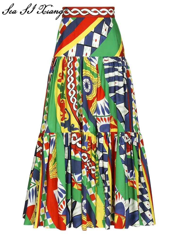 

Женская клетчатая юбка Seasixiang, разноцветная летняя дизайнерская юбка из 100% хлопка с винтажным цветочным принтом Сицилия