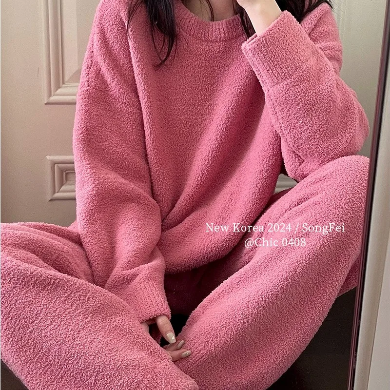 

2023 Winter Thickened Pajamas Set Women Solid Color Soft Sleepwear Loose Casual Top and Elastic Waist Pants Outer Homewear Suit