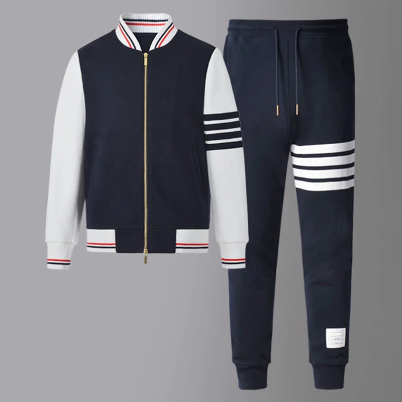 Fashion Jacket Sweaterpants Men Cardigans Clothing Loose Baseball Uniform Thick Wool Coats Autumn Winter Patchwork Casual Sets