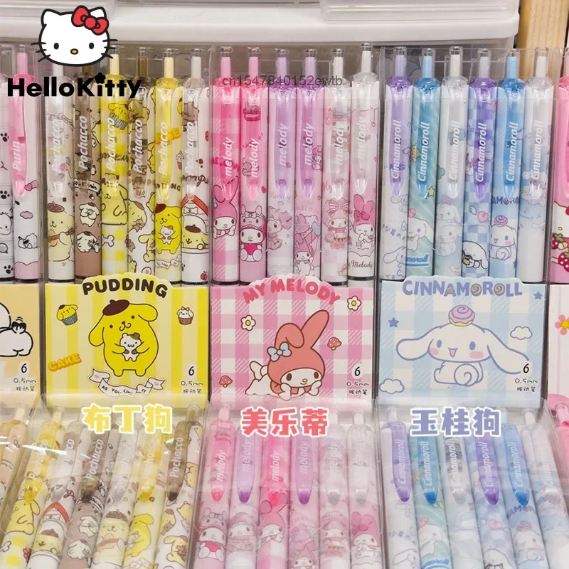 

6 Pcs/Set Sanrio Cinnamoroll Hello Kitty Press Pen Cute Cartoon Neutral Pen 0.5mm Refill Black Water Pen Student Gel Pen