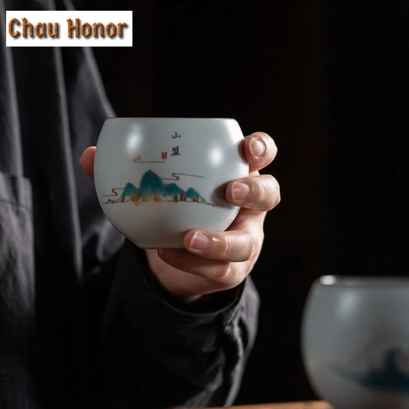 2pc130ml High-end Ru Kiln Chinese Ceramics Tea Cup  Household Kung Fu Tea Set Tea Ceremony Accessories Drinkware Gift Packaging