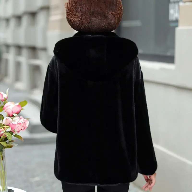 Winter Faux Fur Coat Women Solid Colors Hooded Imitation Mink Plush Outwear Korean Style Thick Long Sleeve Oversized Flurry Coat