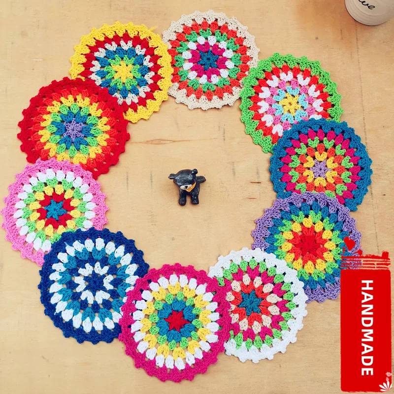 6pcs 11cm Pure Hand Crochet Rainbow Color Matching Dinner Coaster Round ...