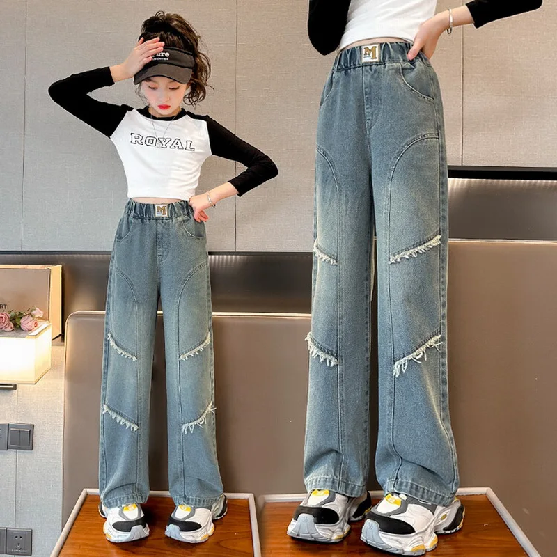 Jeans for Girls Blue Casual Straight Pants for Kids Loose All