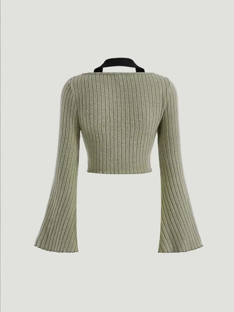 Camiseta curta feminina com gola contrastante e manga sino, gola halter, malha canelada estilo western, camisas justas de manga comprida, tops elásticos básicos 489_voghion.com