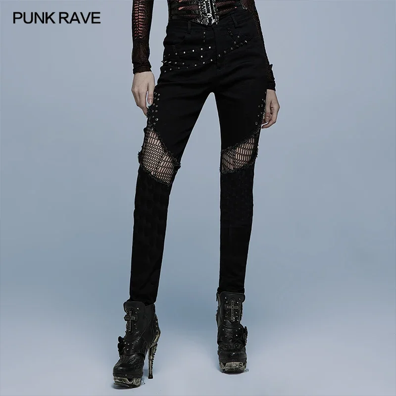 

PUNK RAVE Women's Punk Heavy Metal Rivets Produce Irregular Denim Trousers Black Slim Sexy Pants Spring/Autumn