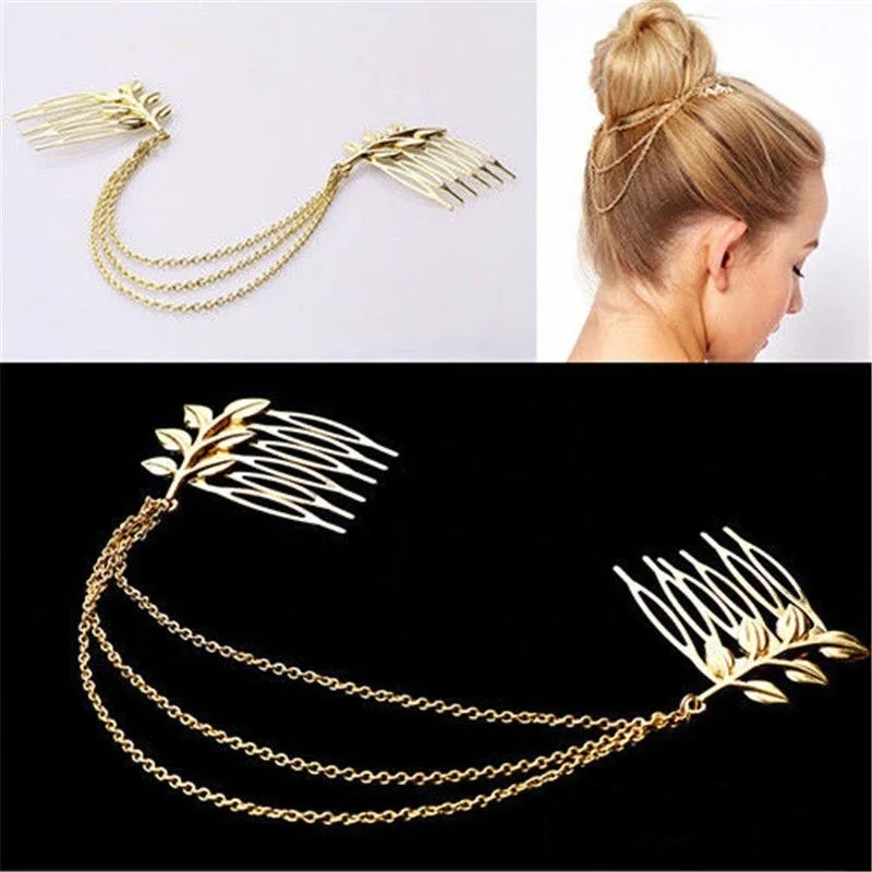 Ladies New Fashion Jewelry Golden Alloy Leaf Chain Tassel Headband Leaf Hair Comb Insert Comb