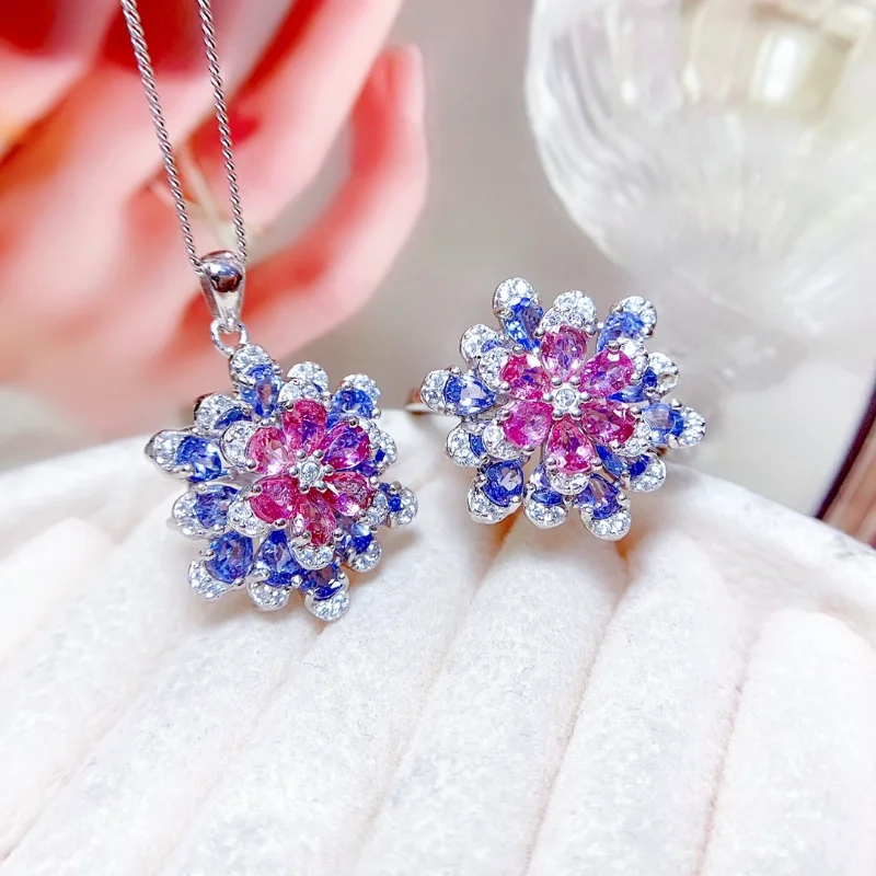 

S925 Sterling Silver Rose Gold Original Pendant for Women Natural Tourmaline Tanzanite Gem Party High Quality Jewelry Wedding