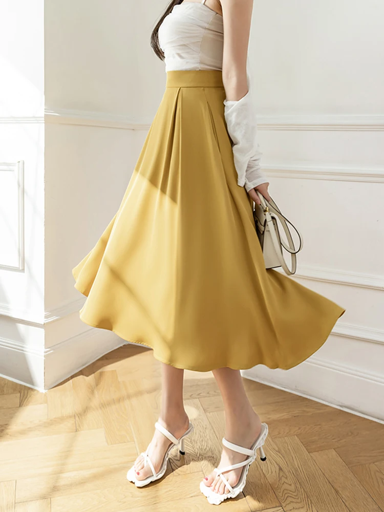 Midi Skirt Plus Size Khaki Skirt Yellow Fashion Korean Style