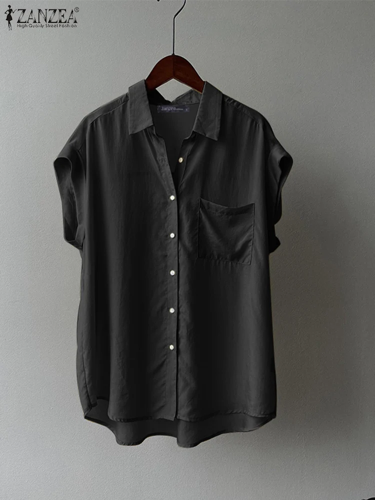 

Oversize Short Sleeve Shirts ZANZEA Casual Women Loose Lapel Solid Color Blouses 2023 Summer Rounded Hem Tops Leisure Chemise