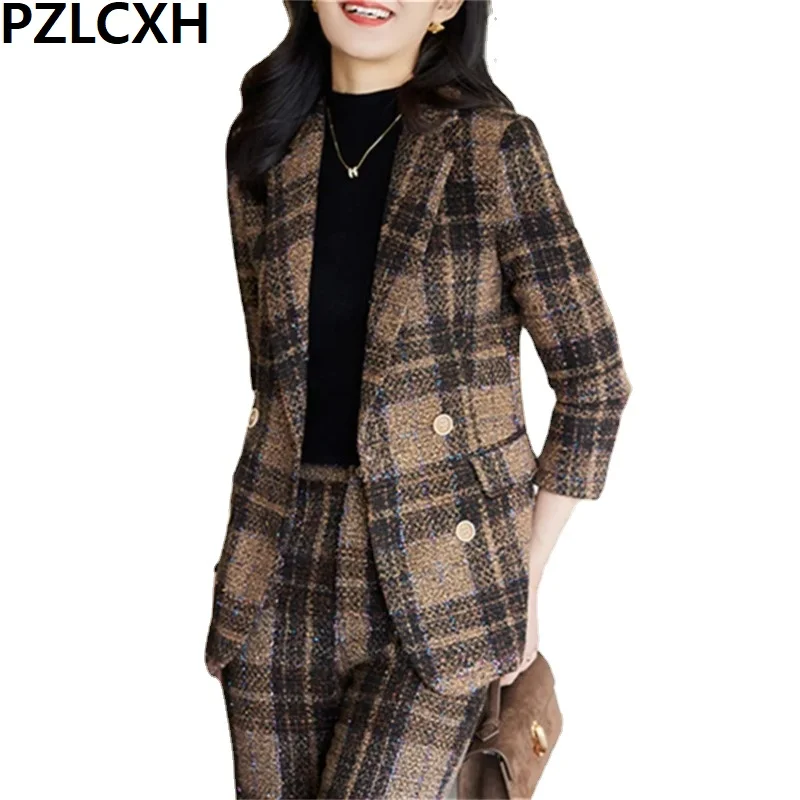 OL Plaid Office Ladies Two Piece Sets Womens Outifits 2024 New Slim Long Sleeve Double Breasted Casual Pencil Pant Suits