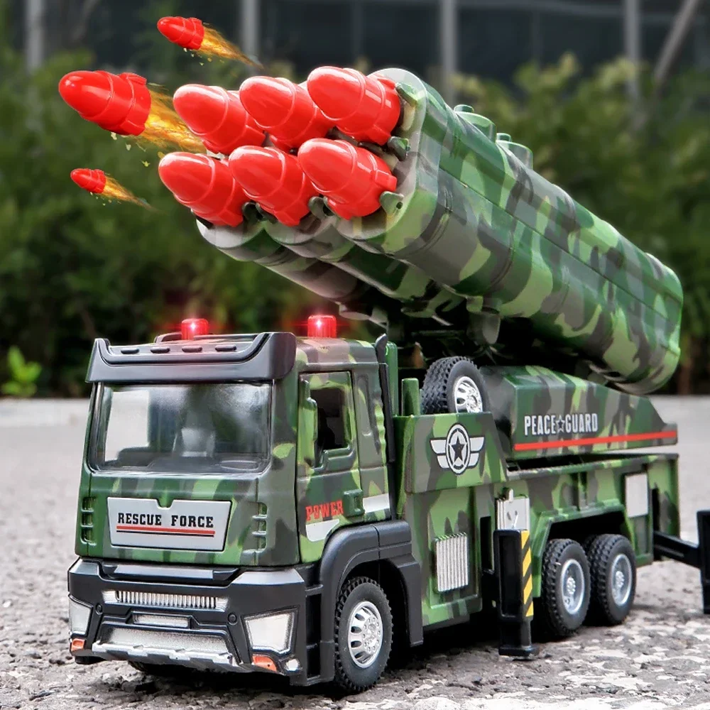 Alloy Truck Model 1/32 Rocket Launcher Trucks Metal Diecasts Model Toy Vehicle Sound and Light Pull Back Car Toys for Boys