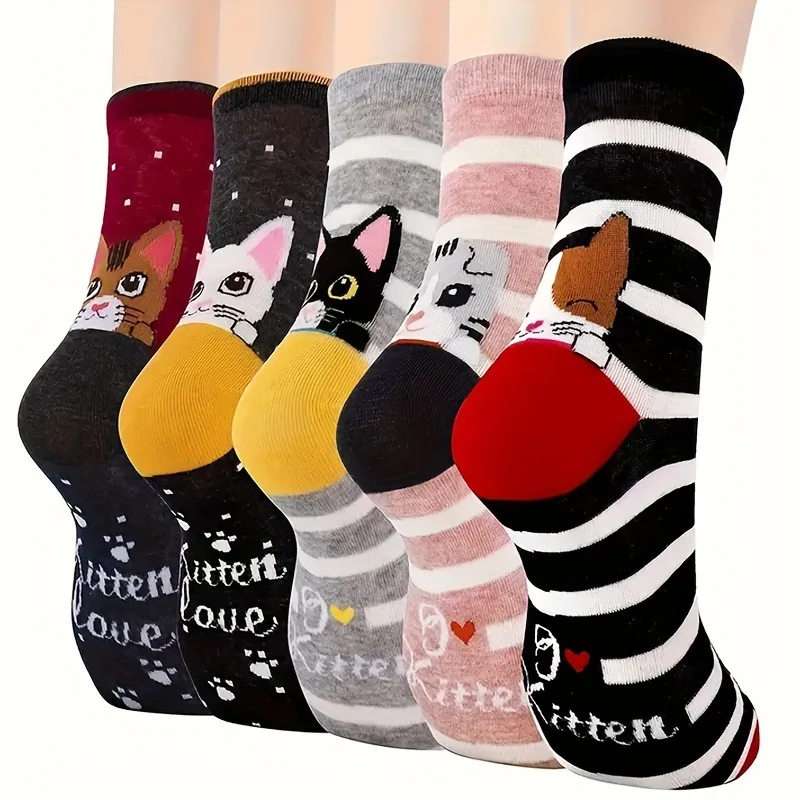 Cute Meow & Snuggle Women’s Sock Set by KittyNook Cat Co.: 5 pairs with playful cartoon cat faces and patterns.