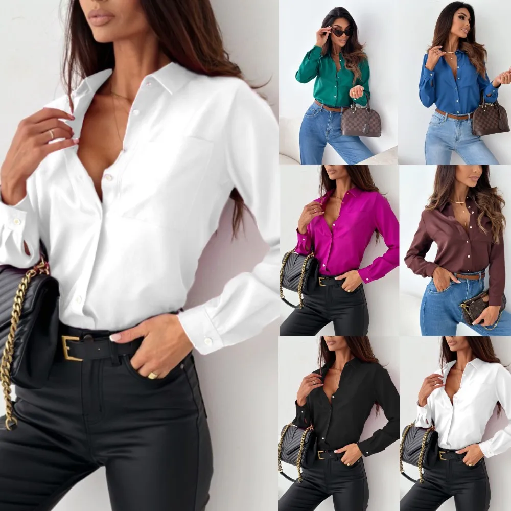 Women Summer Casual Solid Color Button Slim Shirt
