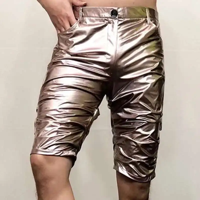 Shinny Leather Short Sexy Nightclub Multicolor Elasticity Slim Men Motorcycle Shorts Men's DS Costumes Anti-bright PU Pant