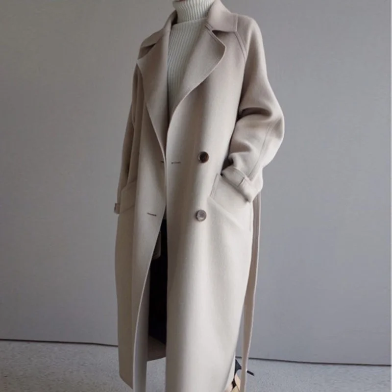 

Winter Beige Wool Blended Women's Korean Fashion Black Long Coat Retro Simple Wool Camel Oversized Coat