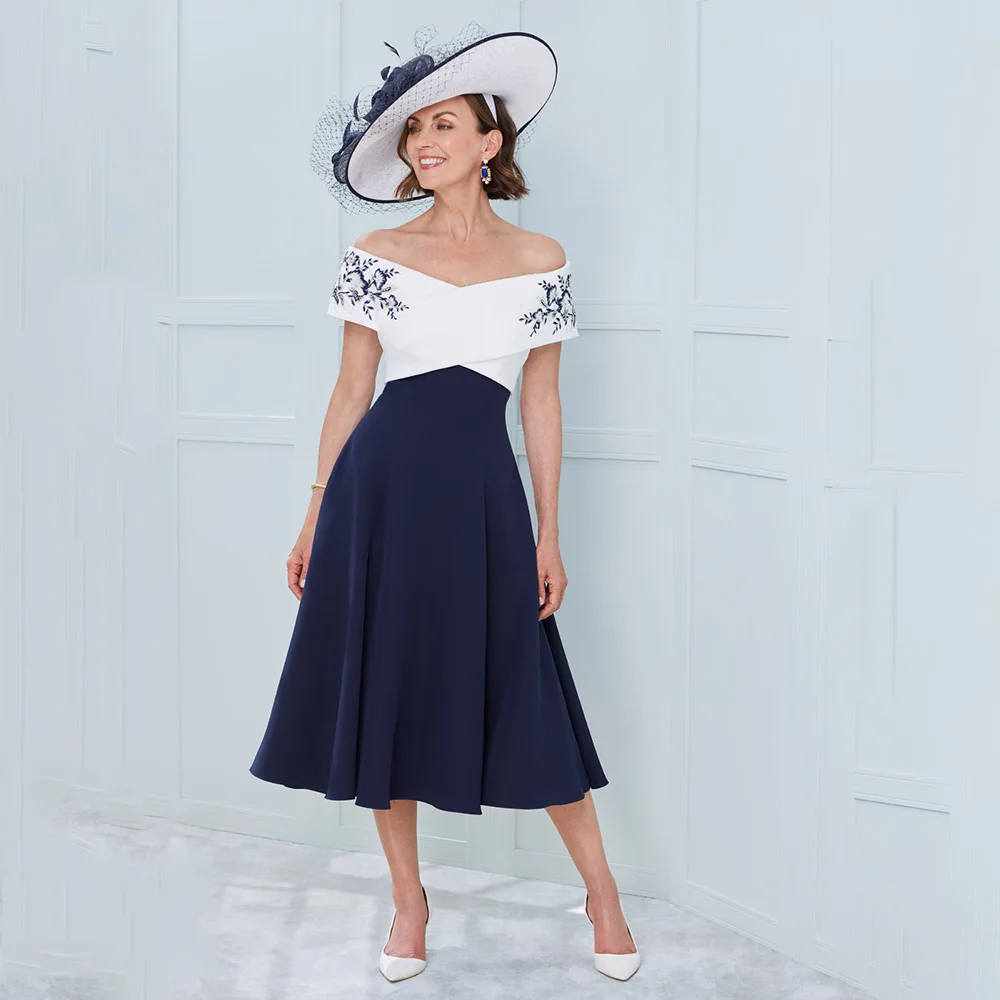 

Classic Mother Of The Bride Dresses V-Neck Off The Shoulder Wedding Party Dress Chiffon Tea-Length A-Line فساتين مناسبة رسمية