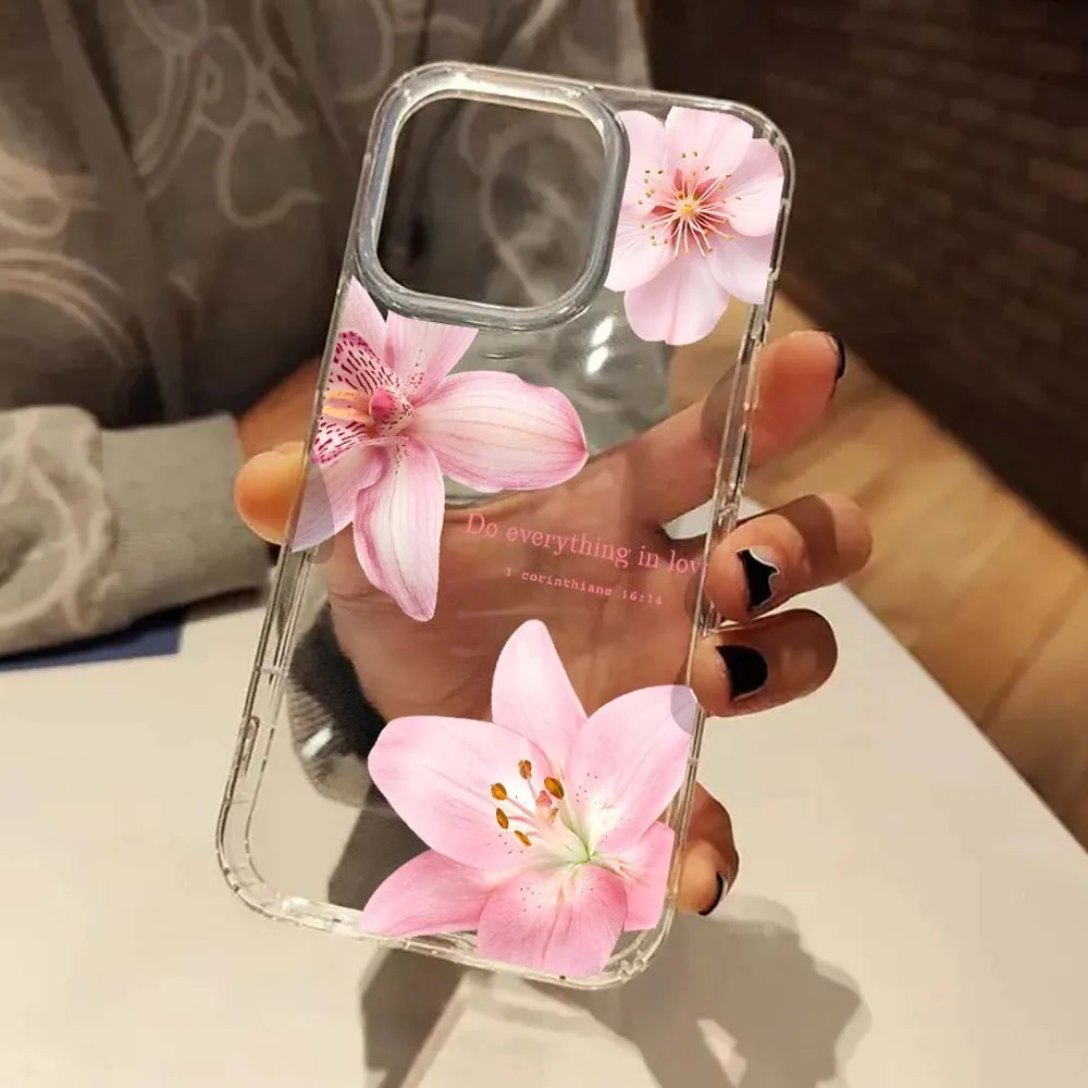 Elegant Pink Hibiscus Pattern Clear Shockproof Phone Case