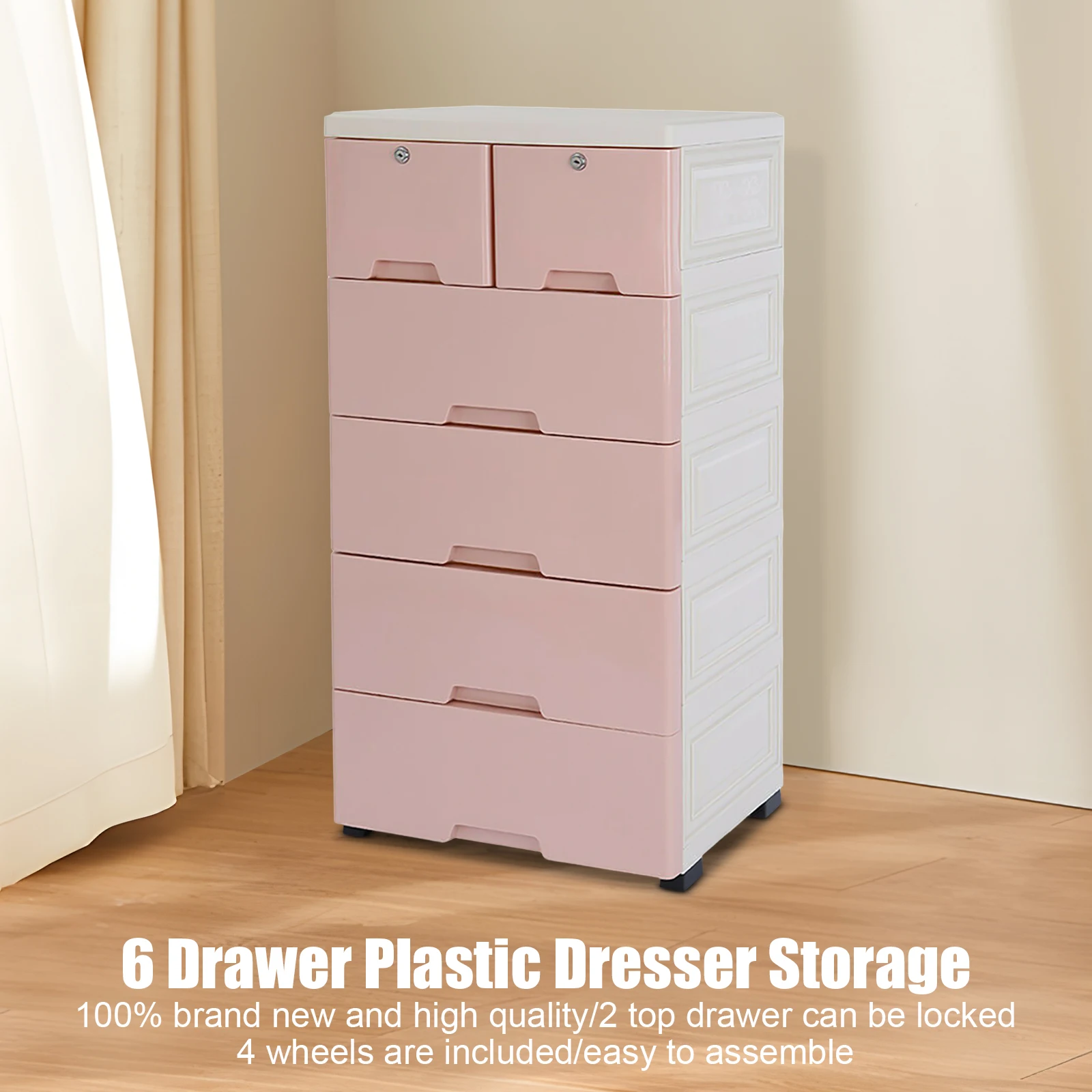 Plastic Storage Cabinet 6 Drawers Organizer with Wheels Lock