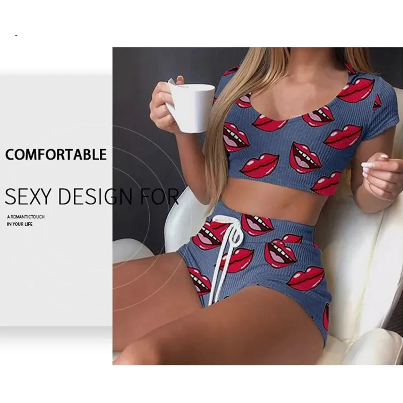 Women Pajamas Set Summer Short Lips Print Female Sleepwear Top+Pants Homewear Underwear