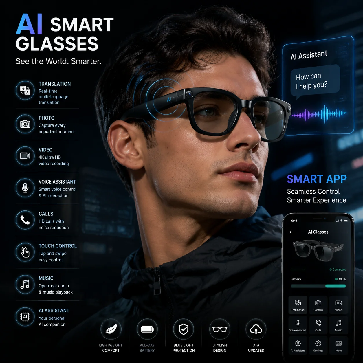 Occhiali Smart AI con Fotocamera 4K HD 800MP, Registrazione Video, Traduzione, Lenti Fotocromatiche, Chiamate Bluetooth, Musica, Occhiali Multifunzione - immagine 3