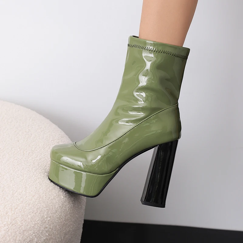 Plus Size Round Toe Platform Super High Thick Heel Glossy Patent Leather Women's Short Boots Metal Side Zipper Ankle Boots