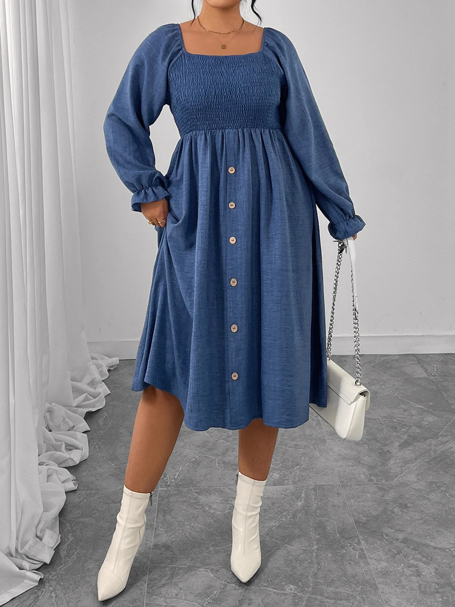 Elegant Women s Plus Size Long Sleeve Midi Dress with Square Neckline and Button Up Detail in Autumn Colors