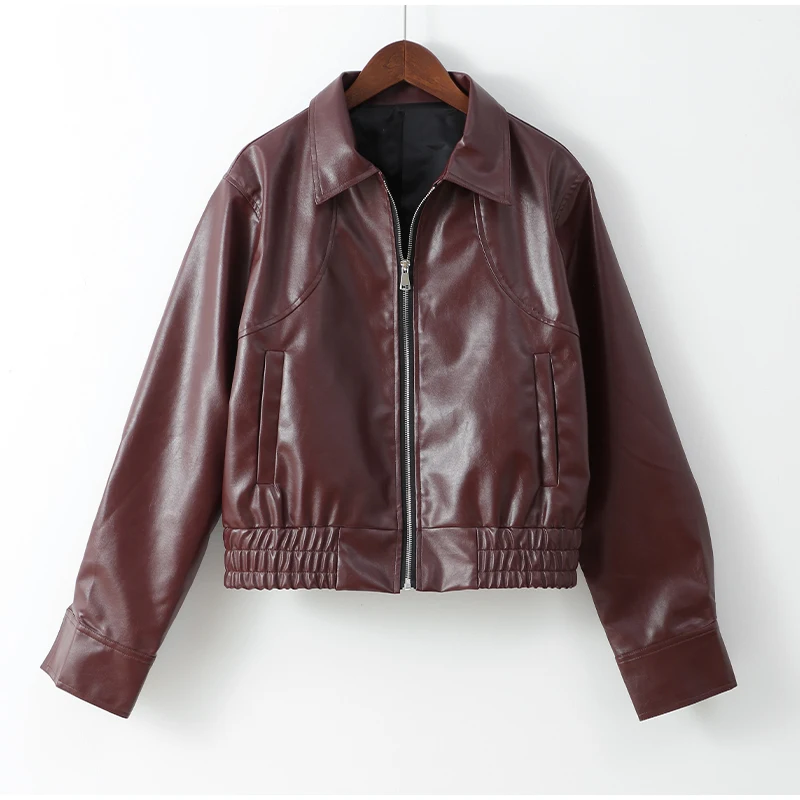 Pu Leather Women's Jaqueta Chic Lapel Long Sleeves Cropped Zipper Jackets 2024 New Female Autumn Short Coat Fashion Outerwears 6