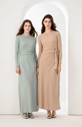 AS 2024 woman clothing high Stretch ribbing closed-fit wrap tops + Matte Satin dress Maxi matching sets  (ship out in 24 hours)