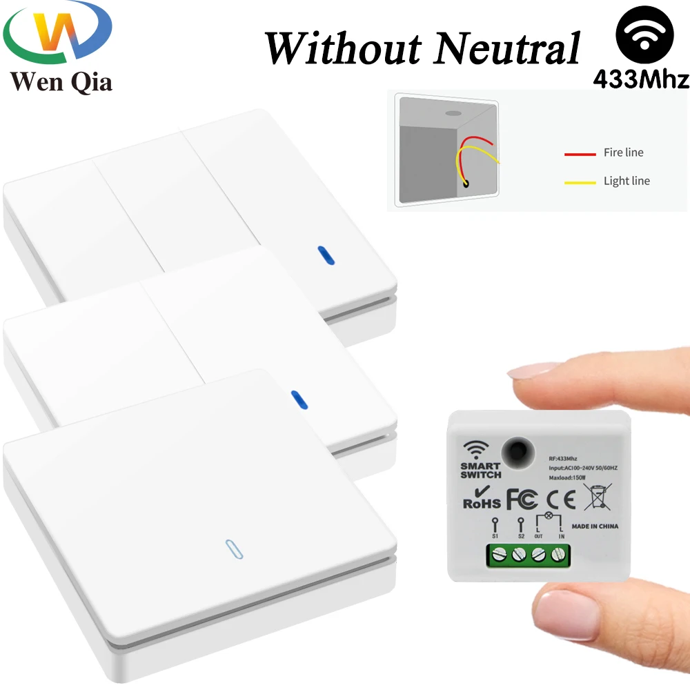 Smart Wireless Light Switch and Receiver Kit,Brightness Adjustable,120ft RF  Range No Wiring Mini Remote Control with Wall Plate,Voice