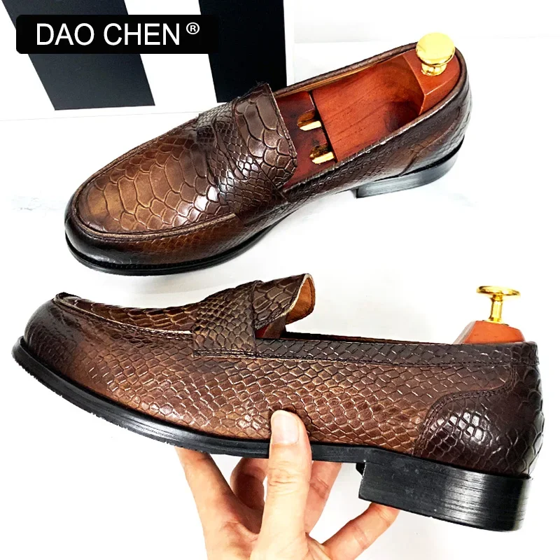 LUXURY MEN LEATHER SHOES BLACK COFFEE SLIP ON SNAKE PRINT DRESS MEN'S CASUAL SHOES WEDDING OFFICE BANQUET Loafers Shoes For Men 3