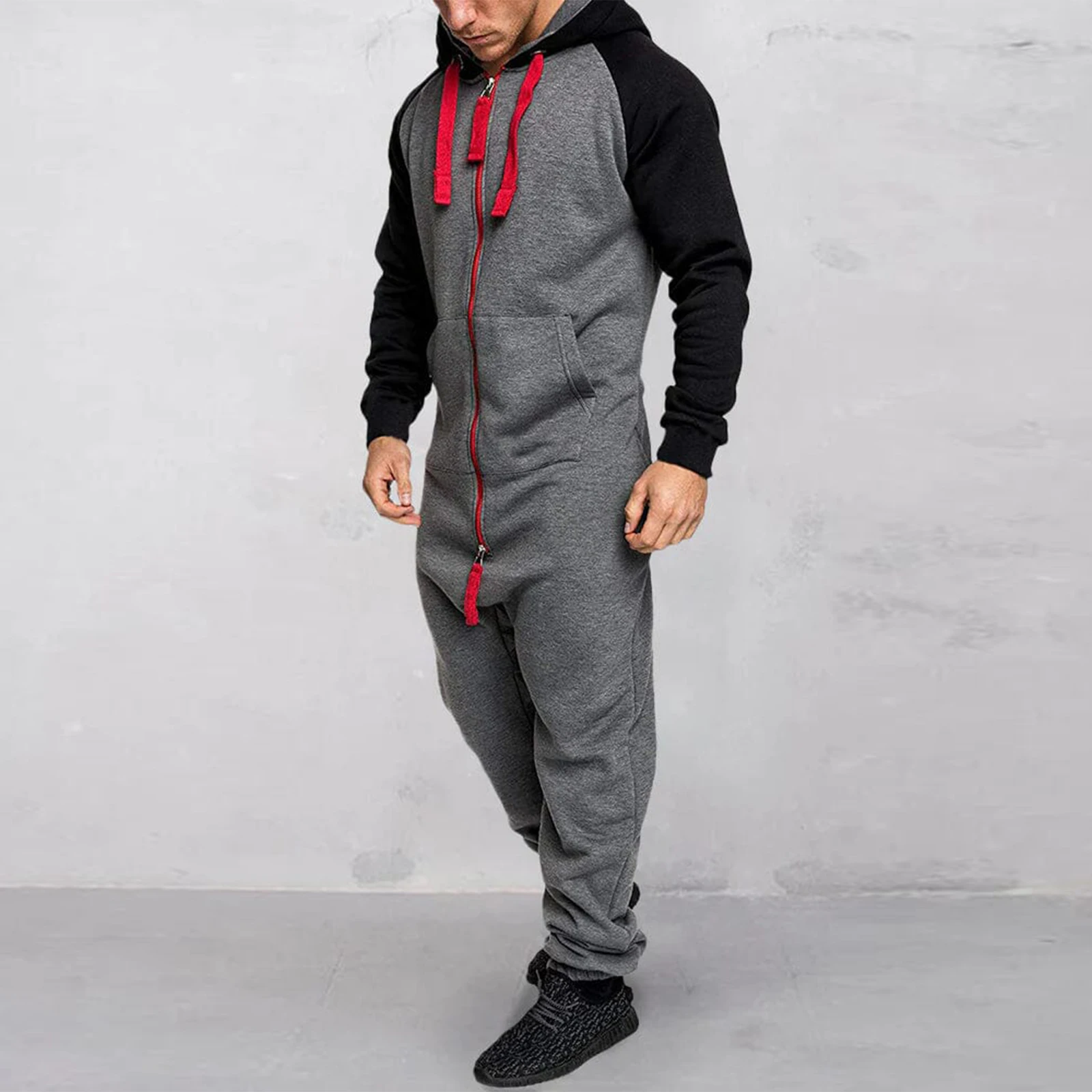 Men Jumpsuits Mens Hooded Jumpsuit Contrast Zipper Front Long Sleeve Full Length Romper with Pockets Winter Fall Clothes