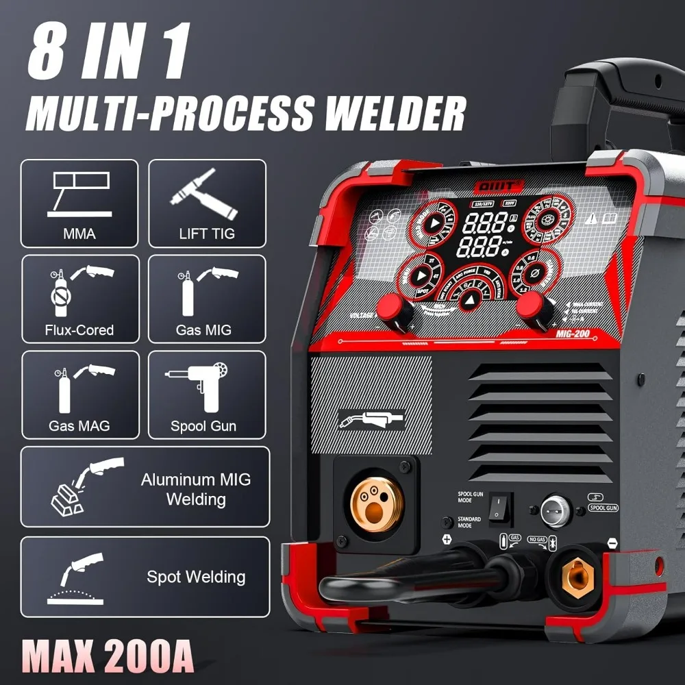MIG Welder, 200Amp 8 in 1 Gas MIG/Gasless Flux Core MIG/Stick/Lift TIG/Spot Welding/Spool Gun Aluminum MIG Welder 2