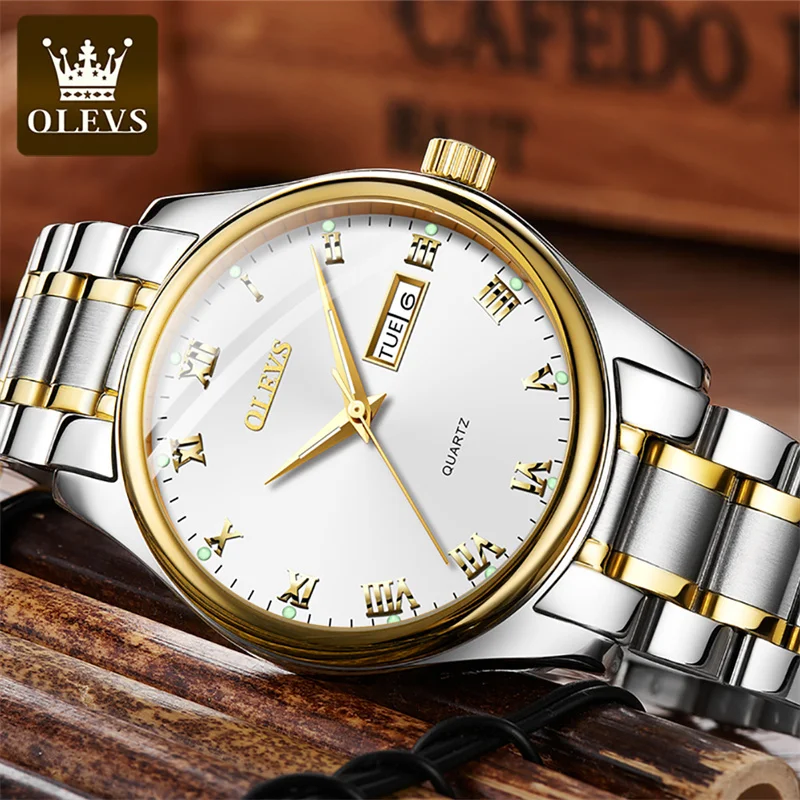 OLEVS 2024 New Fashion Couple Quartz Watch for Men and Women Luxury Stainless Steel Waterproof Week Calendar Lover's Wristwatch