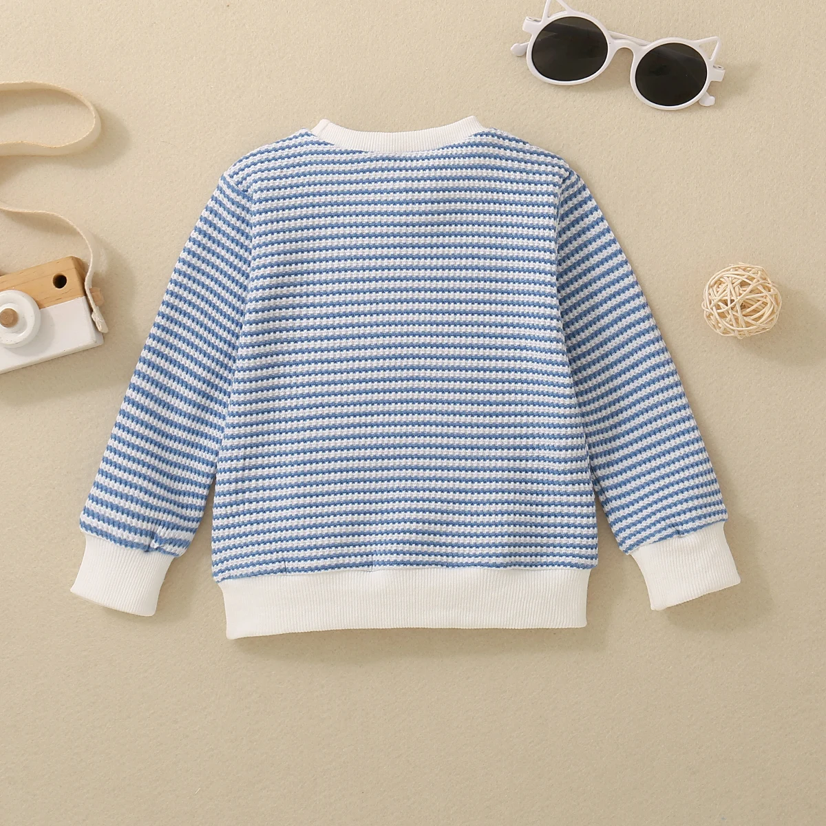Fall Unisex Boys Girls Infants Light Blue Casual Warm Comfortable Knit Striped Pocket Long Sleeve T-Shirt