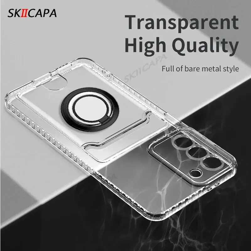 Transparent Card Slot Wallet Holder Silicone Case with Magnetic Ring Stand and Soft Cover