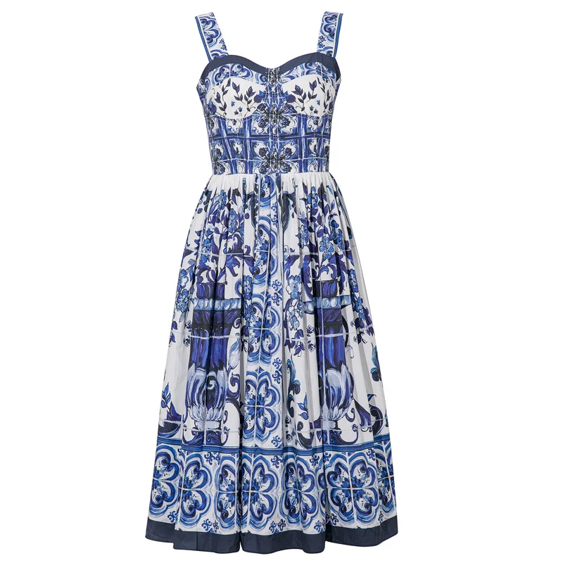 MerchallFashionSummerHolidayWomenCottonDressBlueandWhite
