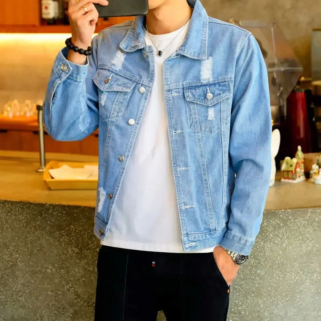 

Men's Denim Jacket Blue Autumn Ripped Button Male Jean Coats with Hole Rock New in Japanese Lowest Price Fashion Free Shipping G