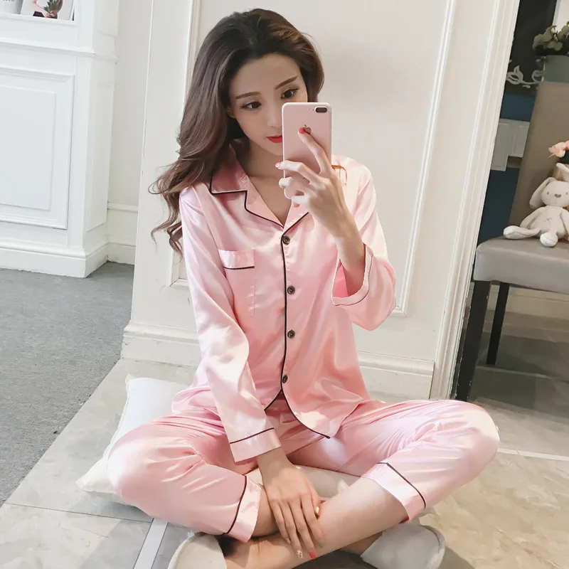 Autumn Winter Women’s Ice Silk Pajama Set Long Sleeve Cardigan 23