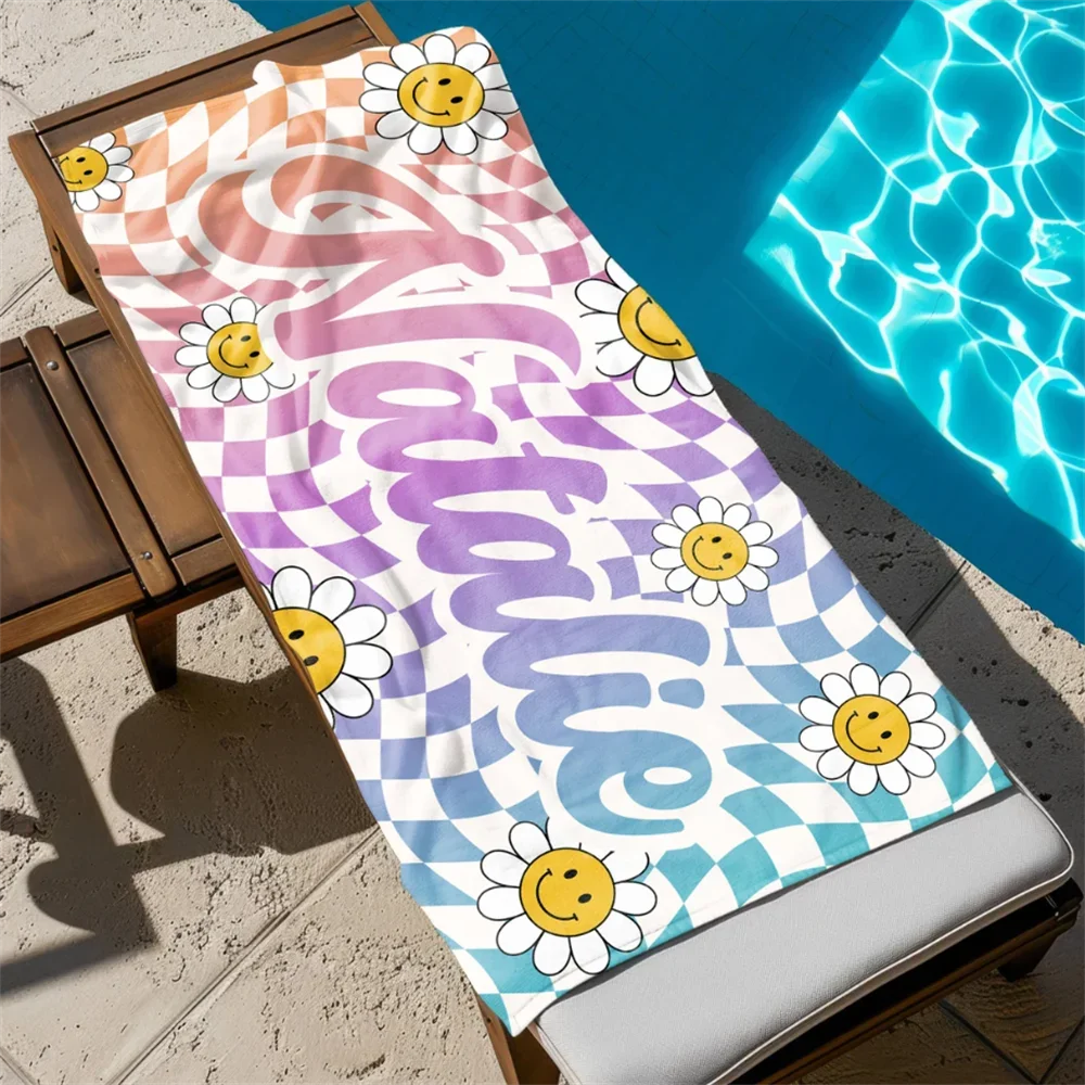 Personalized Daisy Grid Name Beach Towel, Custom Monogram Pool Towel, Signature Beach Towel For Kids, Vacation Gift Picnic Towel