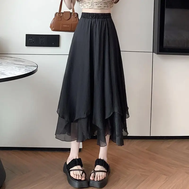 Irregular Net Yarn Half Length Skirt Summer New Thin High Waist Solid Color Loose A-line Skirt Sweet Fashion Women Clothing