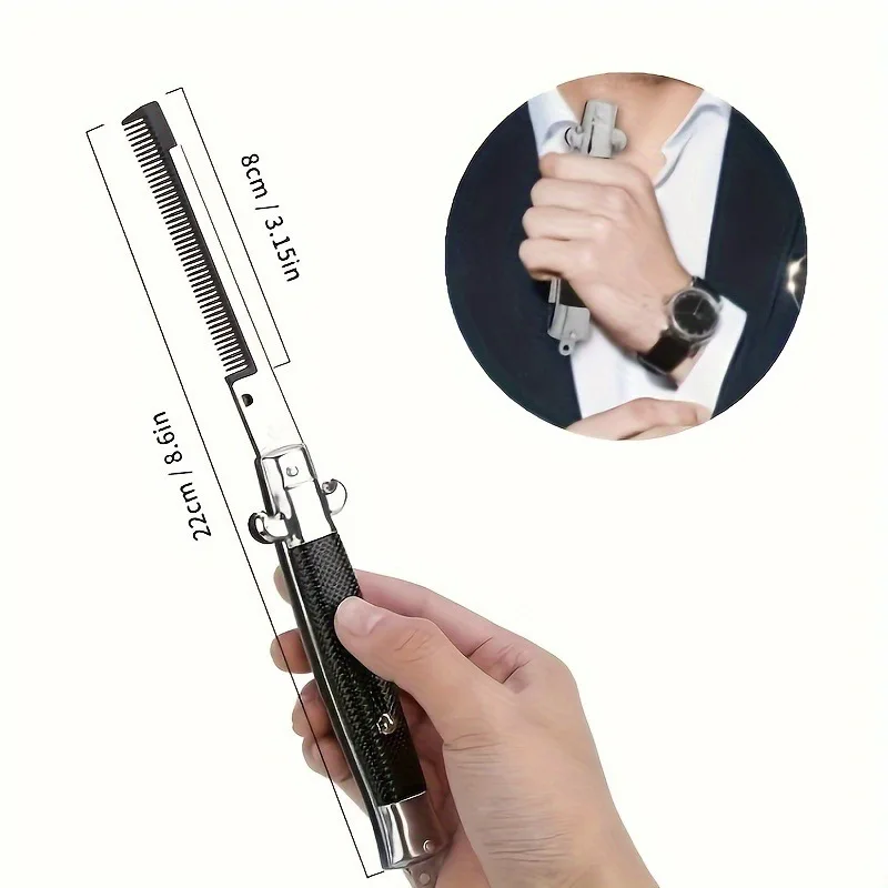 스테인리스 스틸 접이식 포켓 빗 휴대용 스위치 블레이드 스타일 헤어 그루밍 빗 남성용 데일리 스타일링 및 여행용